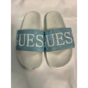 WOMENS GUESS Blue Glitter SLIDES LOGO FLIP Flop Bin2